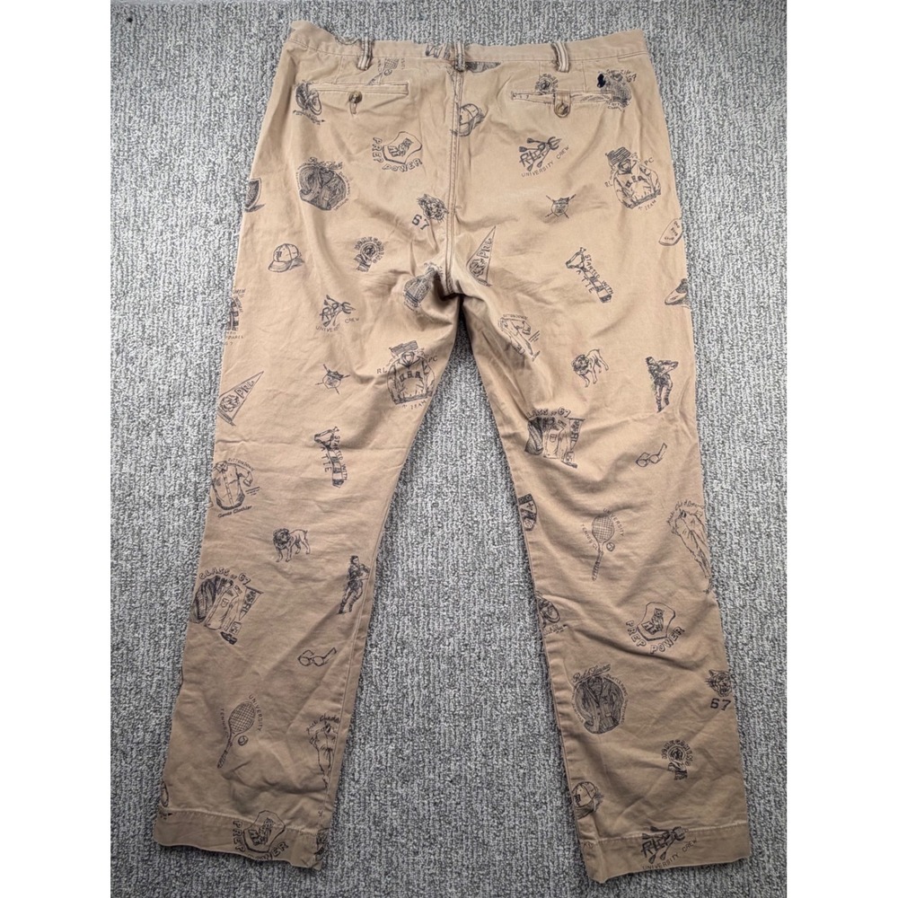Polo Ralph Lauren Chino Pants Mens 38x32* Tan All Over Collegiate Print Stretch - Picture 5 of 8